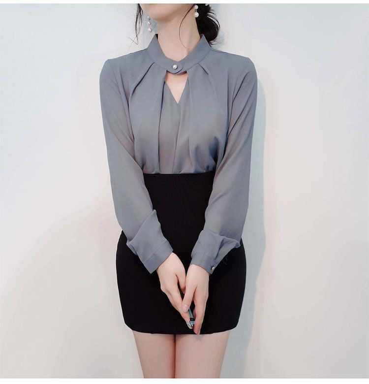 Blusas sólidas femininas camisas de chiffon manga longa fino oco sexy all-match