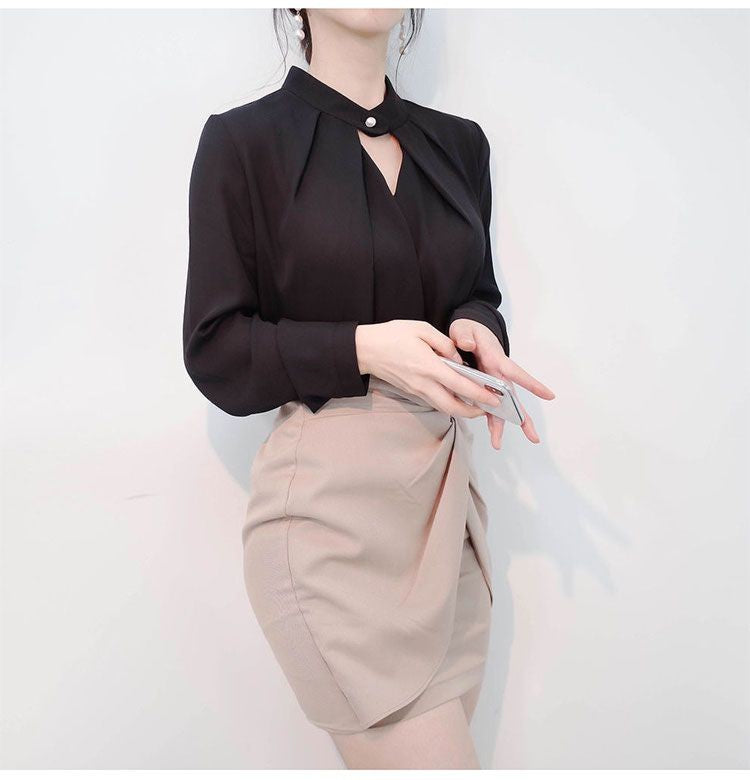 Blusas sólidas femininas camisas de chiffon manga longa fino oco sexy all-match