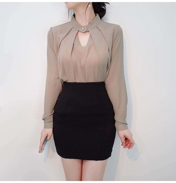 Blusas sólidas femininas camisas de chiffon manga longa fino oco sexy all-match