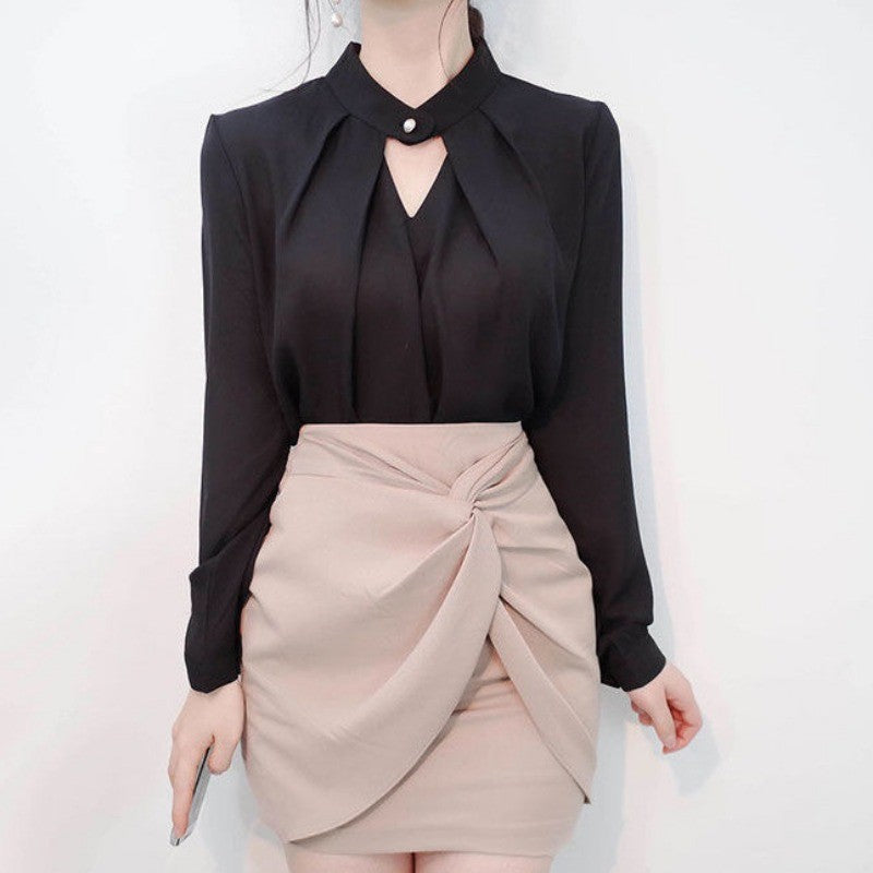 Blusas sólidas femininas camisas de chiffon manga longa fino oco sexy all-match