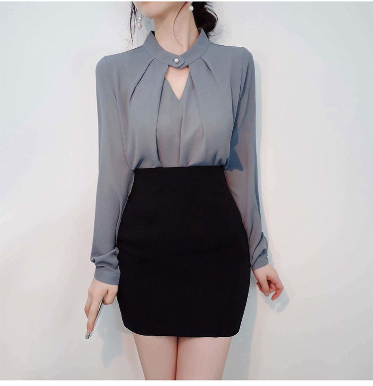 Blusas sólidas femininas camisas de chiffon manga longa fino oco sexy all-match