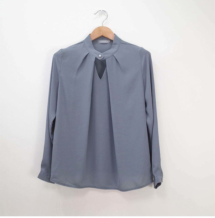 Blusas sólidas femininas camisas de chiffon manga longa fino oco sexy all-match