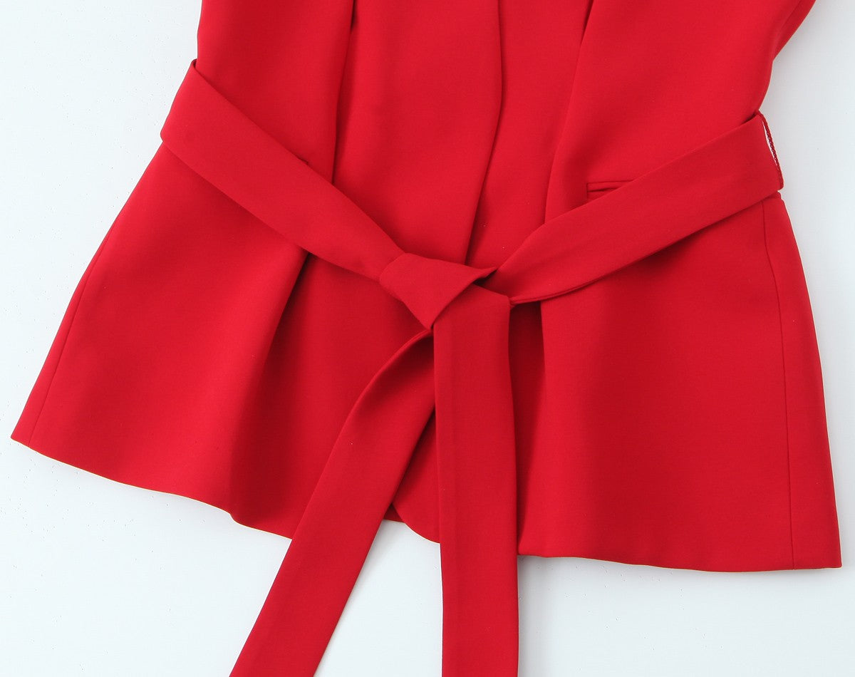 Trafza feminino romântico colete vermelho conjunto com decote em v com cinto ca