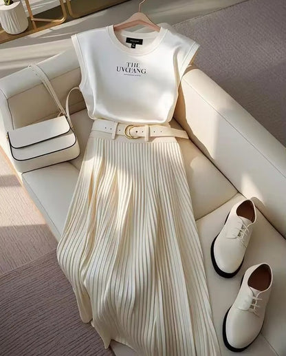 Moda coreana 2 peça conjunto feminino sem mangas o-pescoço camisola camiseta a