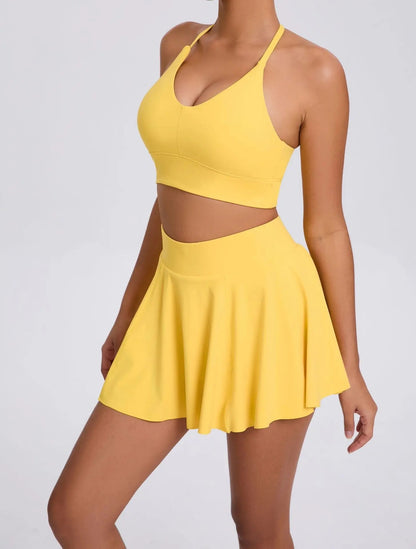 Conjunto de yoga casual ao ar livre sutiã tênis saia curta anti-luz corrida bo