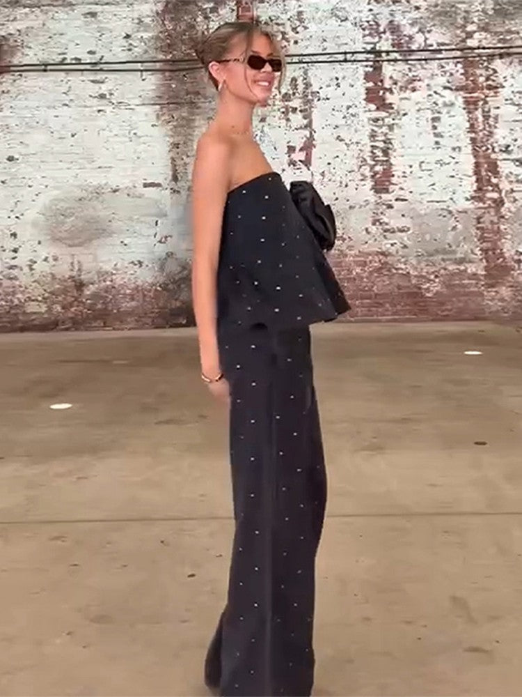 Elegante feminino strass calças superiores ternos conjunto sem alças sem manga