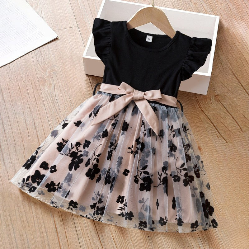 Vestido floral rosa preto para meninas de 3 a 8 anos, verão, roupas casuais par