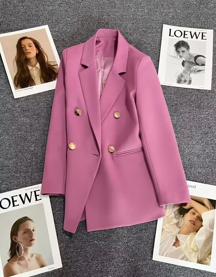 Jaqueta feminina branca com fivela de metal verde, casual, versátil, de alta qu