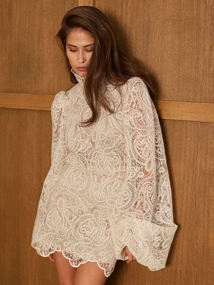 Bwq lanterna manga vestido de renda conjunto suporte pescoço crochê oco para f