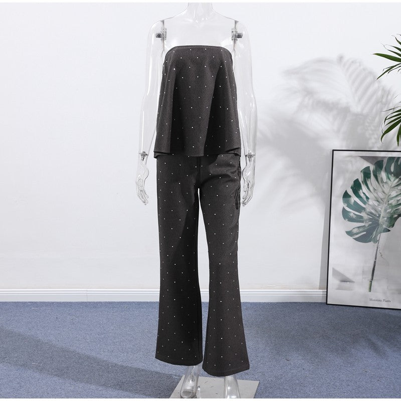Elegante feminino strass calças superiores ternos conjunto sem alças sem manga