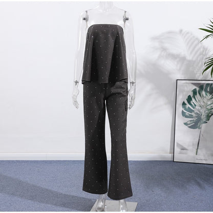 Elegante feminino strass calças superiores ternos conjunto sem alças sem manga