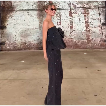 Elegante feminino strass calças superiores ternos conjunto sem alças sem manga