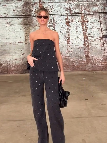 Elegante feminino strass calças superiores ternos conjunto sem alças sem manga