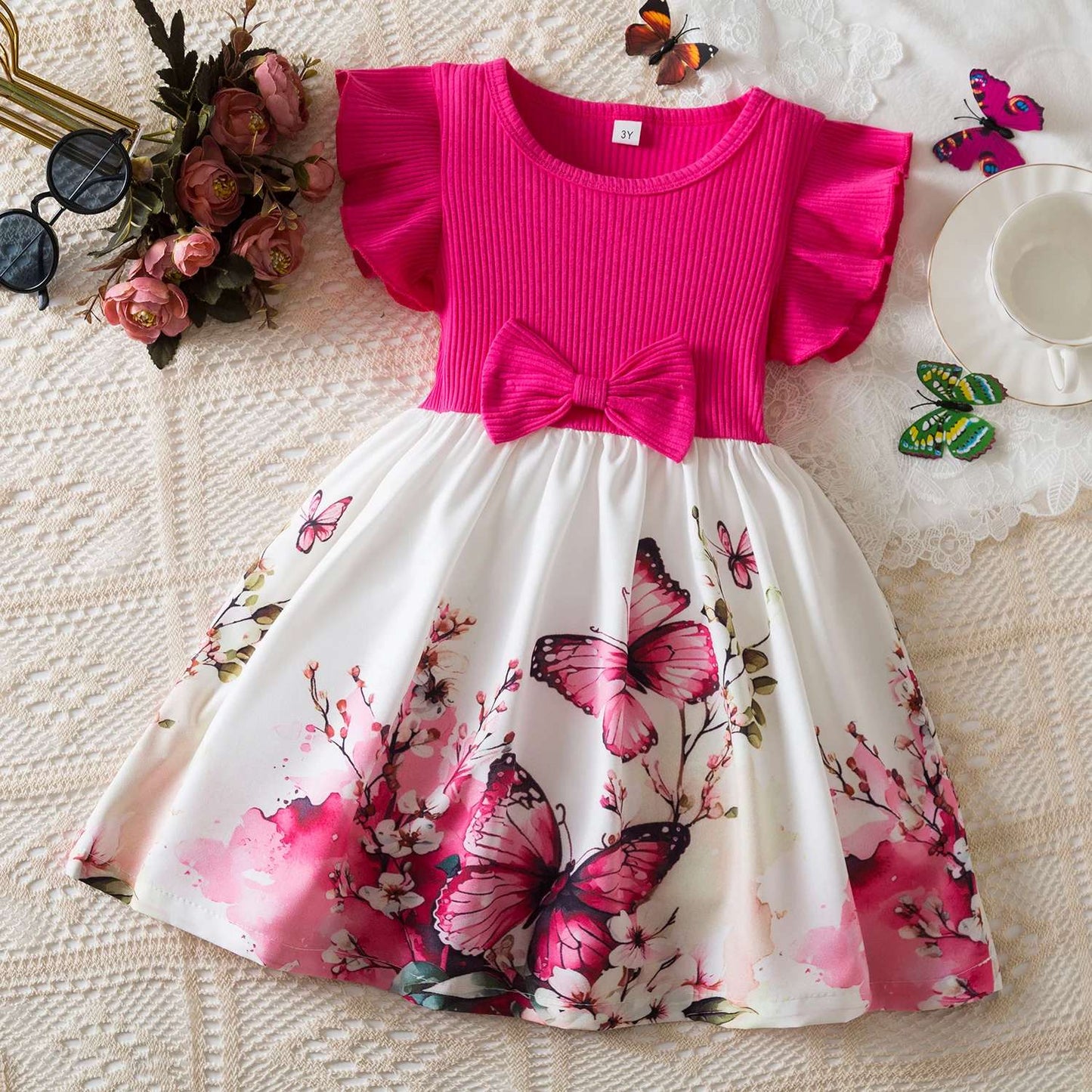 Vestido floral rosa preto para meninas de 3 a 8 anos, verão, roupas casuais par