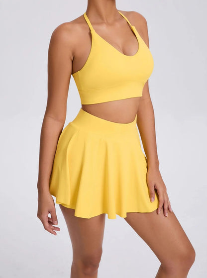 Conjunto de yoga casual ao ar livre sutiã tênis saia curta anti-luz corrida bo