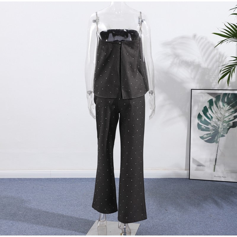 Elegante feminino strass calças superiores ternos conjunto sem alças sem manga