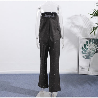 Elegante feminino strass calças superiores ternos conjunto sem alças sem manga