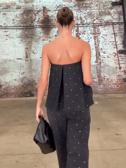 Elegante feminino strass calças superiores ternos conjunto sem alças sem manga