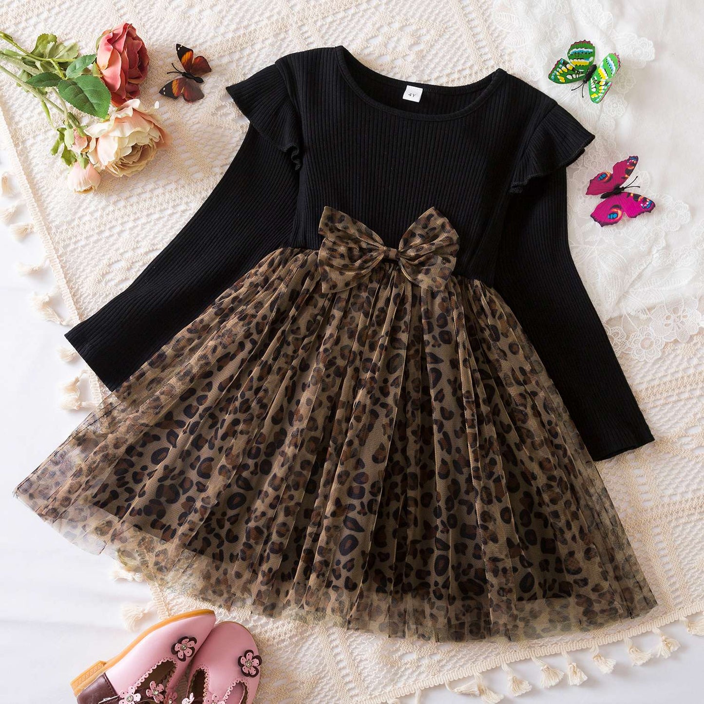 Vestido floral rosa preto para meninas de 3 a 8 anos, verão, roupas casuais par