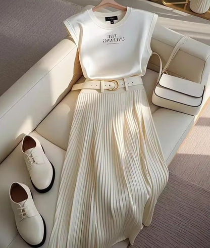 Moda coreana 2 peça conjunto feminino sem mangas o-pescoço camisola camiseta a