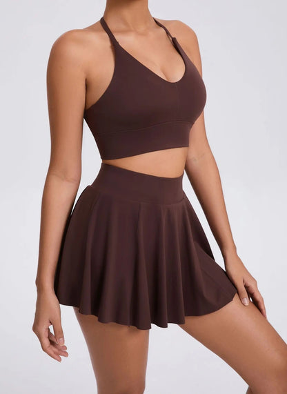 Conjunto de yoga casual ao ar livre sutiã tênis saia curta anti-luz corrida bo