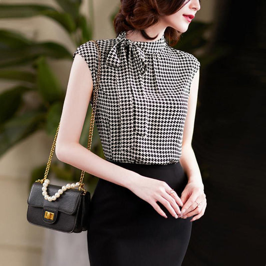 Verão coreano arco laço chiffon camisa elegante gola houndstooth escritório s