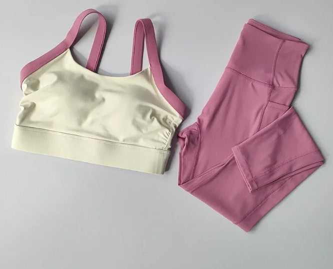 Conjunto de yoga integrado com bloqueio de cor de alta intensidade, 2 peças, ro