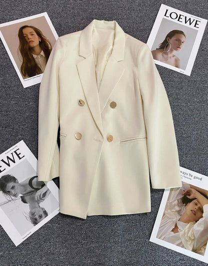 Jaqueta feminina branca com fivela de metal verde, casual, versátil, de alta qu