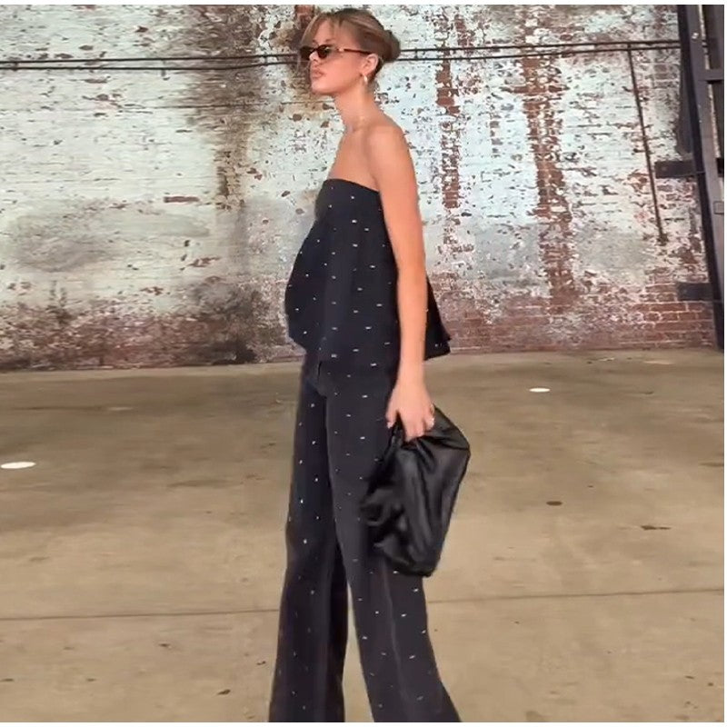Elegante feminino strass calças superiores ternos conjunto sem alças sem manga