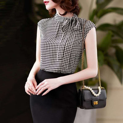 Verão coreano arco laço chiffon camisa elegante gola houndstooth escritório s