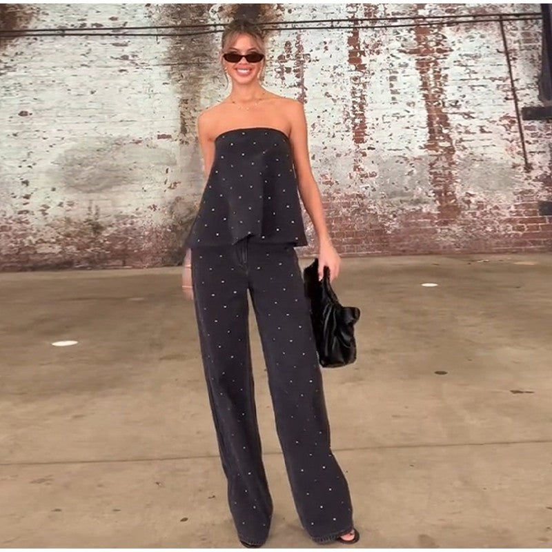 Elegante feminino strass calças superiores ternos conjunto sem alças sem manga