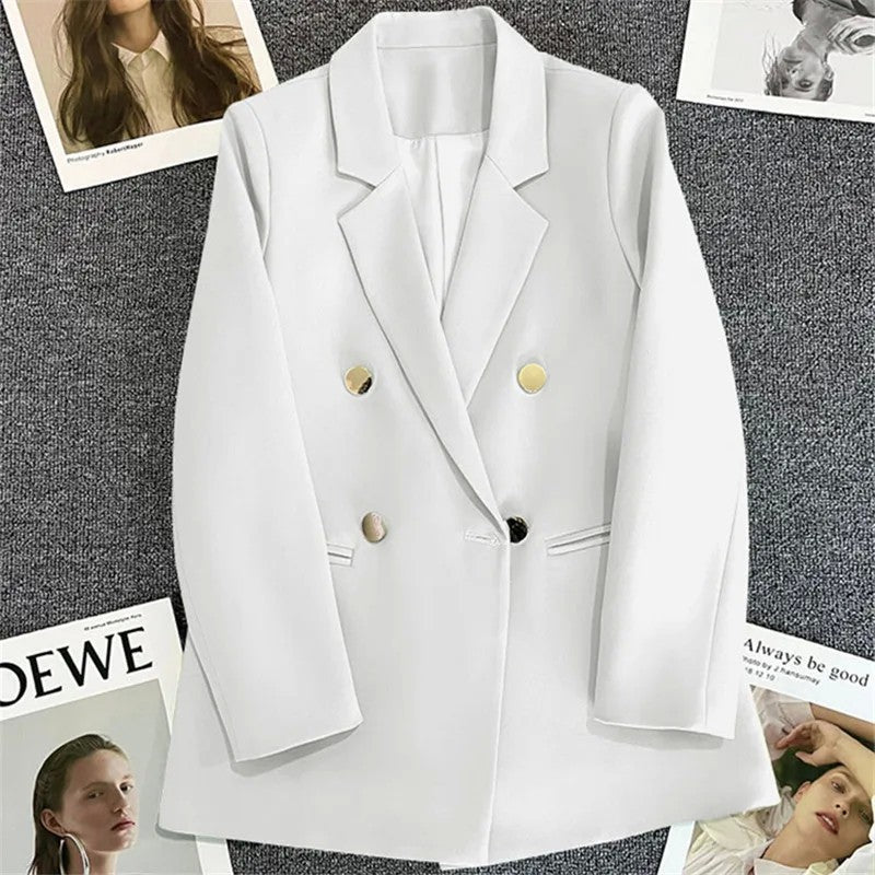 Jaqueta feminina branca com fivela de metal verde, casual, versátil, de alta qu