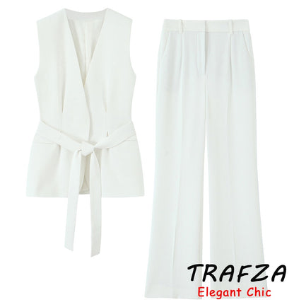 Trafza feminino romântico colete vermelho conjunto com decote em v com cinto ca
