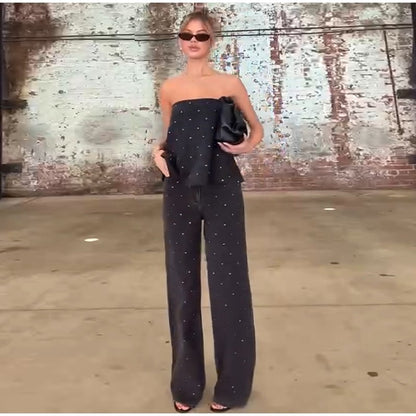Elegante feminino strass calças superiores ternos conjunto sem alças sem manga