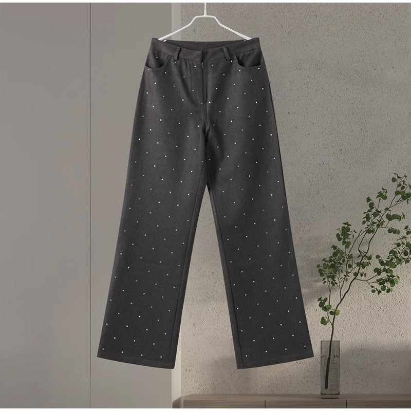 Elegante feminino strass calças superiores ternos conjunto sem alças sem manga