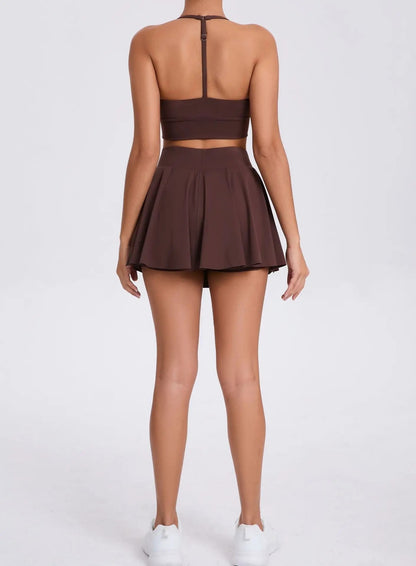 Conjunto de yoga casual ao ar livre sutiã tênis saia curta anti-luz corrida bo