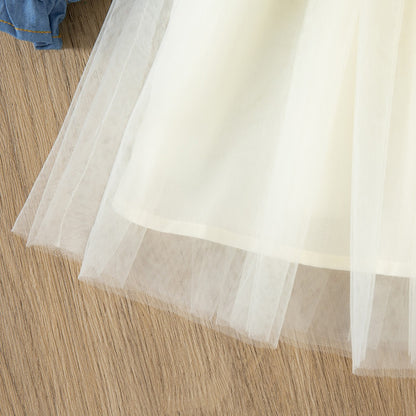 Primavera vestido de manga comprido menina denim vestido azul falso duas peças