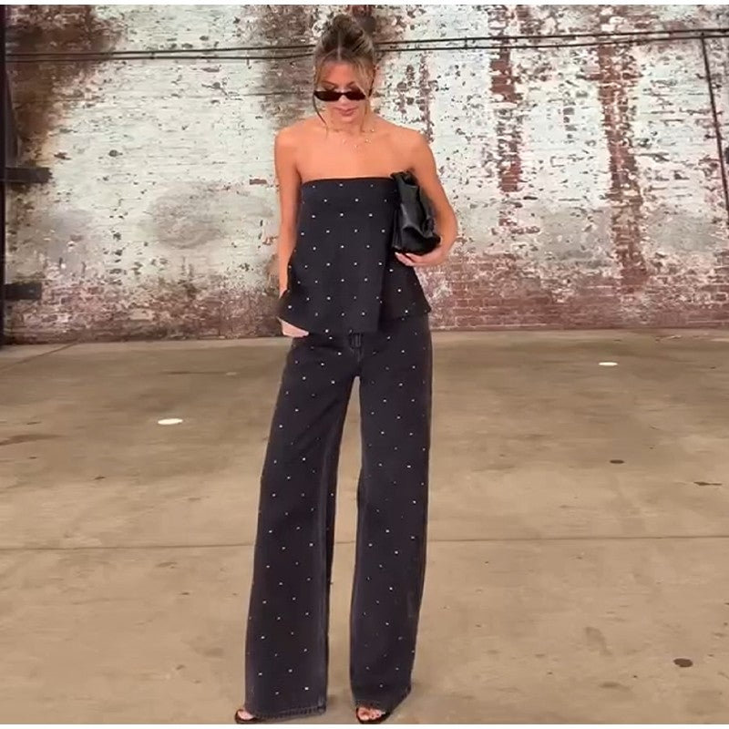 Elegante feminino strass calças superiores ternos conjunto sem alças sem manga