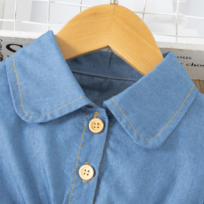 Primavera vestido de manga comprido menina denim vestido azul falso duas peças