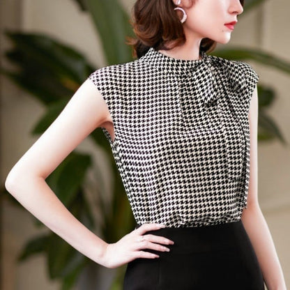 Verão coreano arco laço chiffon camisa elegante gola houndstooth escritório s