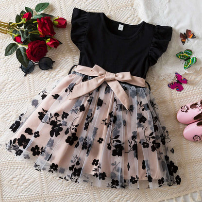 Vestido floral rosa preto para meninas de 3 a 8 anos, verão, roupas casuais par