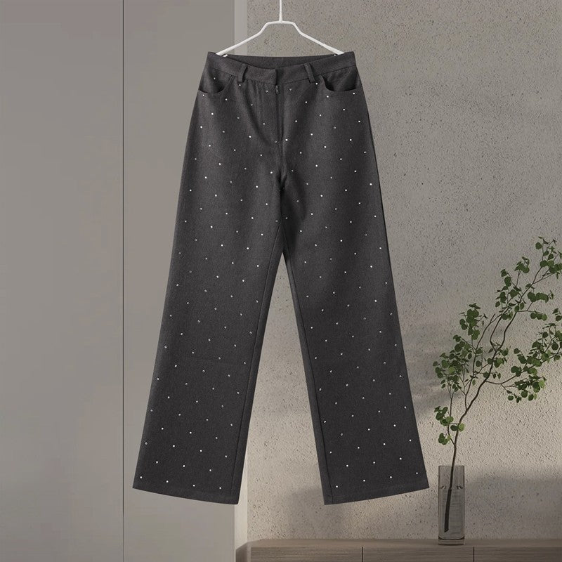 Elegante feminino strass calças superiores ternos conjunto sem alças sem manga