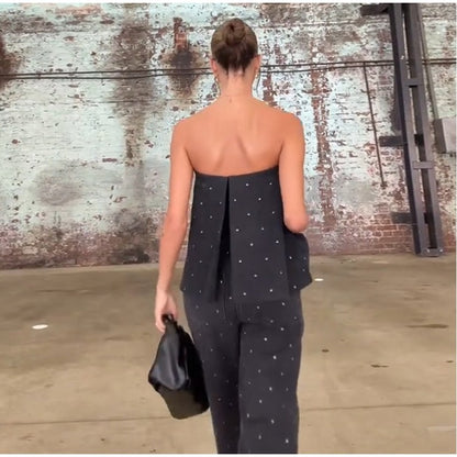 Elegante feminino strass calças superiores ternos conjunto sem alças sem manga