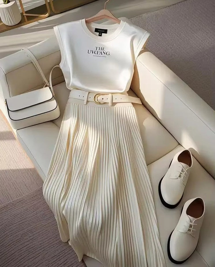 Moda coreana 2 peça conjunto feminino sem mangas o-pescoço camisola camiseta a