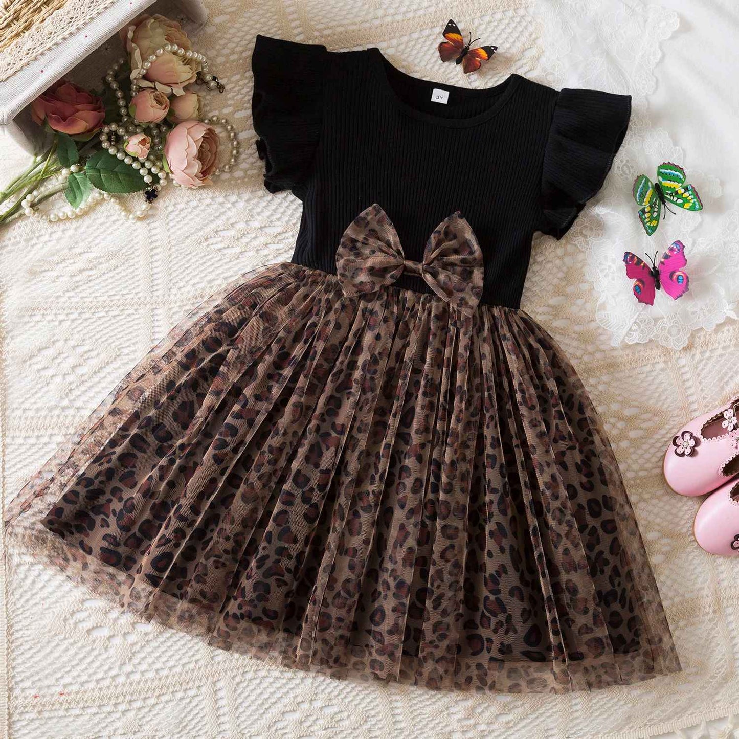 Vestido floral rosa preto para meninas de 3 a 8 anos, verão, roupas casuais par