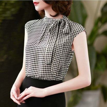 Verão coreano arco laço chiffon camisa elegante gola houndstooth escritório s