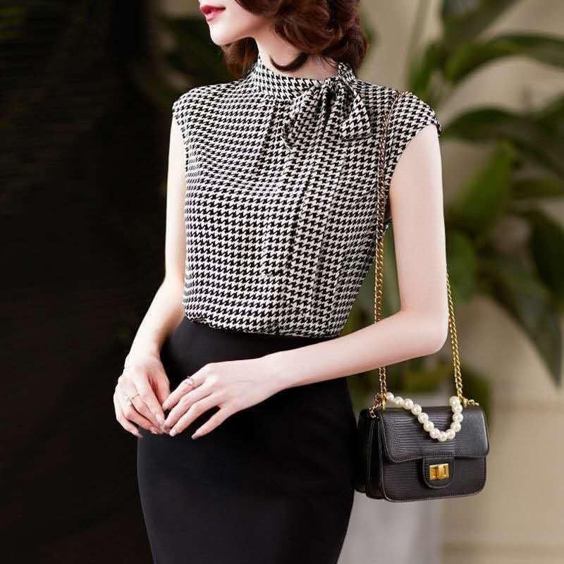 Verão coreano arco laço chiffon camisa elegante gola houndstooth escritório s