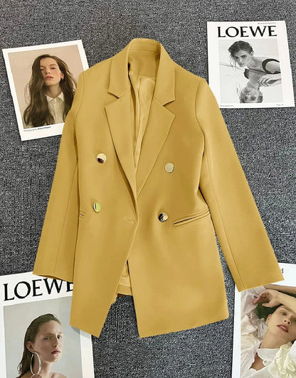 Jaqueta feminina branca com fivela de metal verde, casual, versátil, de alta qu