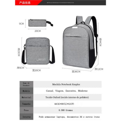 Kit 3 Peças Mochila Estojo Bolsa Lateral Unissex Confortável Versátil e Grand