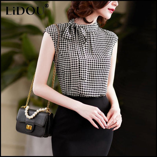 Verão coreano arco laço chiffon camisa elegante gola houndstooth escritório s